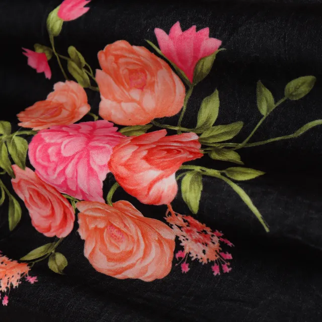 Jet Black Multicoloured Floral Print Velvet Fabric
