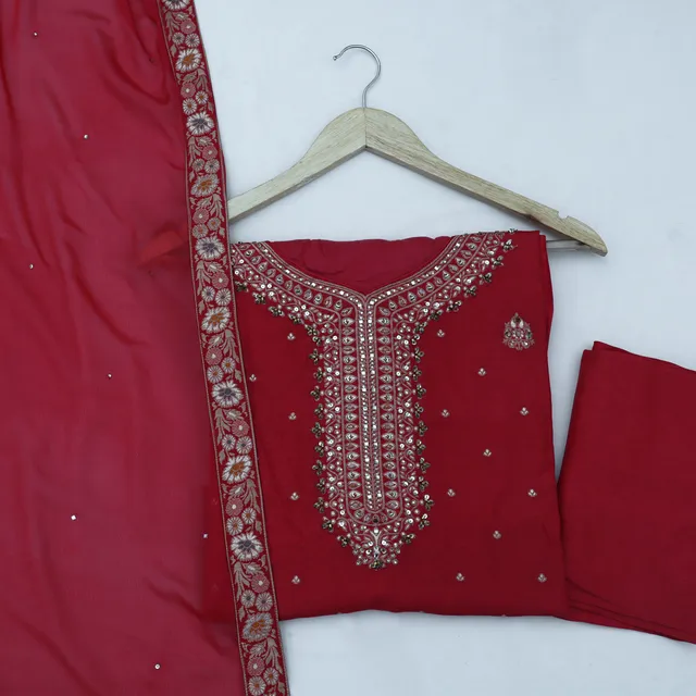 Brick Red Stitched Dola Silk Suit Set