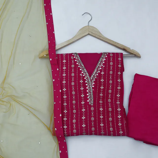 Magenta Pink Stitched Dola Silk Suit Set