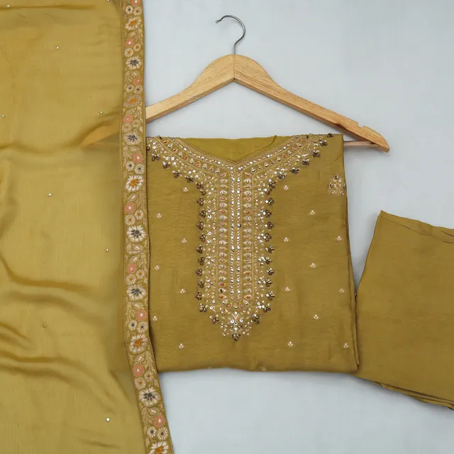 Beige Stitched Dola Silk Suit Set