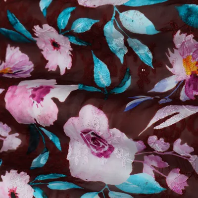 Burgundy Purple Floral Print Embroidery Tabby Silk Fabric