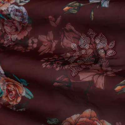 Maroon Red Floral Print Embroidery Tabby Silk Fabric