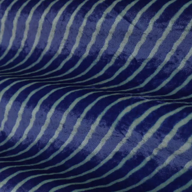 Blue and White Lehriya Print Velvet Fabric