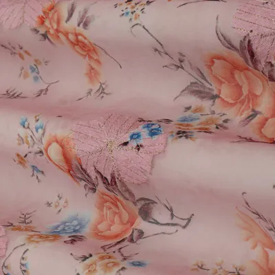 Baby Pink Print Embroidery Chinon Chiffon Fabric