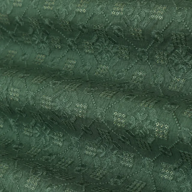 Moss Green Threadwork Sequins Embroidery slub Silk Fabric