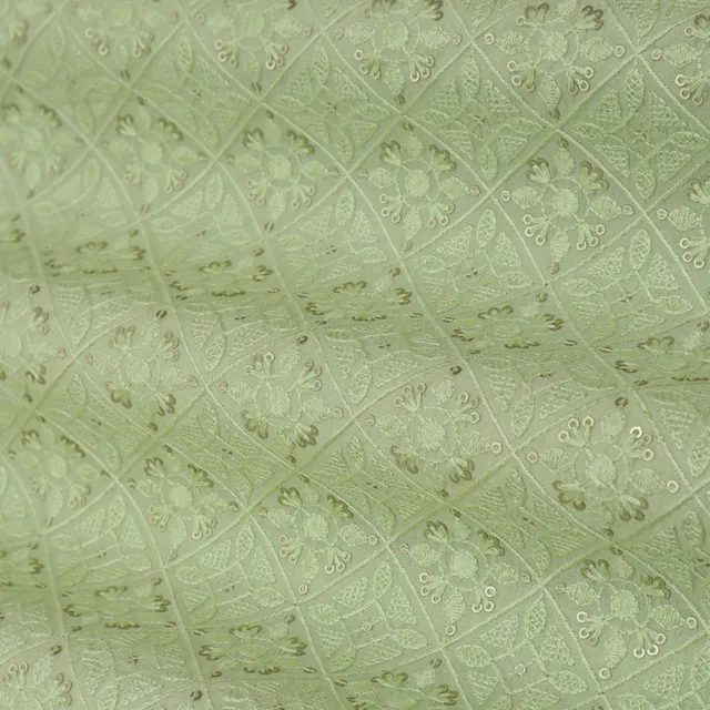 Sea Green Threadwork Sequins Embroidery slub Silk Fabric