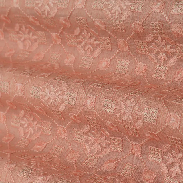 Peach Threadwork Sequins Embroidery slub Silk Fabric