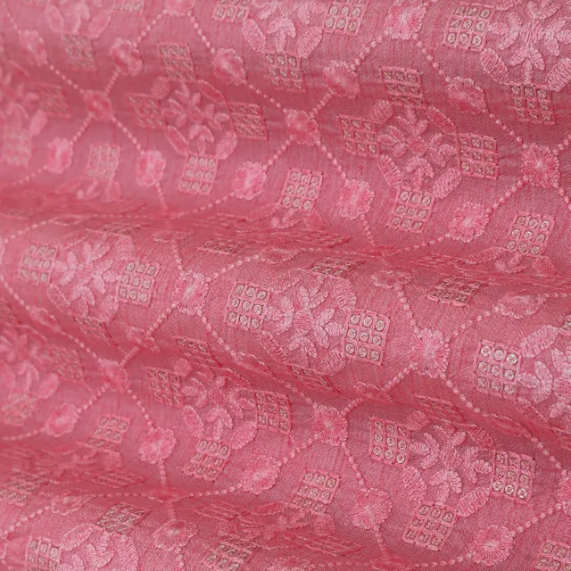 Candy Pink Threadwork Sequins Embroidery slub Silk Fabric