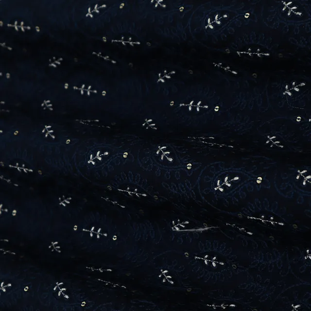 Navy Blue Threadwork Sequins Embroidery slub Silk Fabric