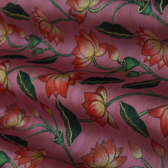 Fuschia PInk Floral Print Soft Dupion SIlk Fabric