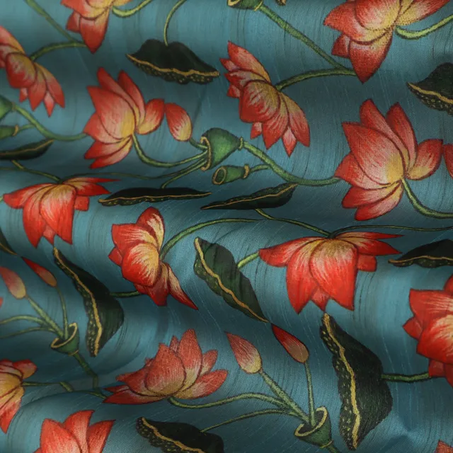 Sky Blue Floral Print Soft Dupion SIlk Fabric