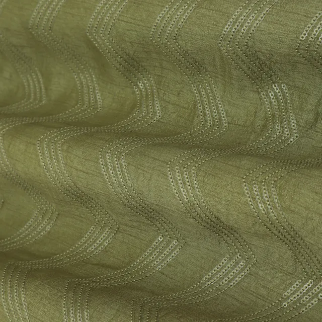 Olive Green Threadwork Sequins Embroidery Slub Silk Fabric