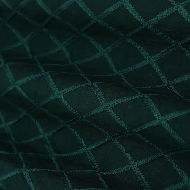 Bottle Green Threadwork Sequins Embroidery Slub Silk Fabric