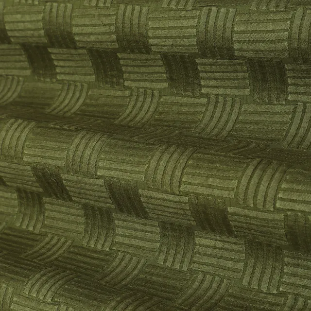 Olive Green Threadwork Embroidery Slub Silk Fabric
