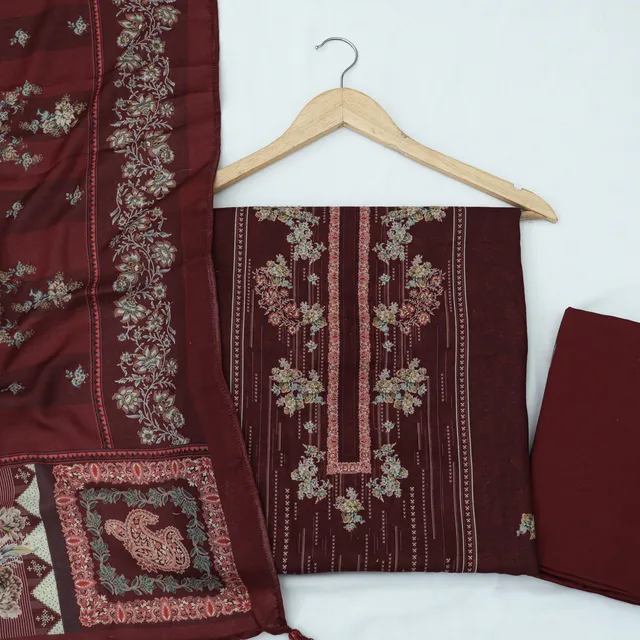Maroon Red Print Unstitched Pashmina Suit