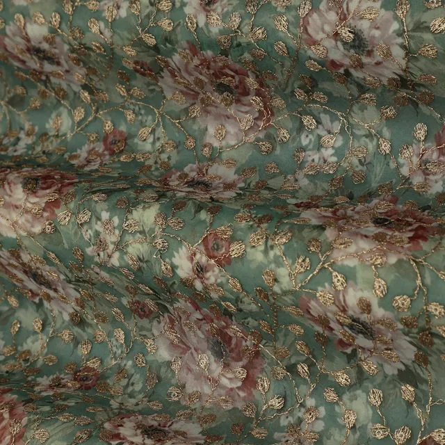 Sea Green Floral Print Georgette Sequins Embroidery Fabric
