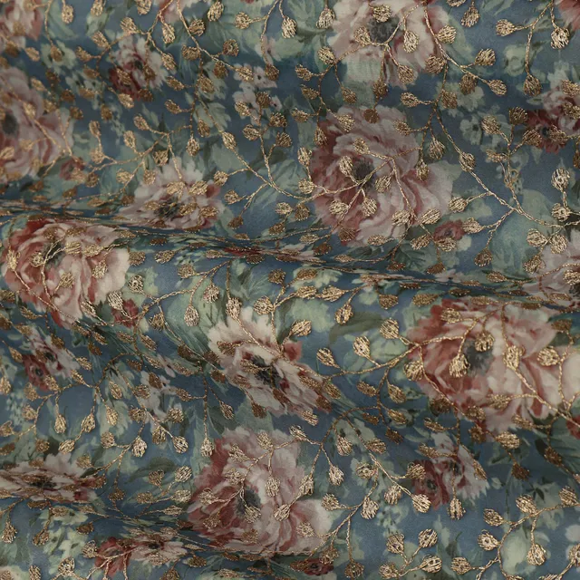 Sky Blue Floral Print Georgette Sequins Embroidery Fabric