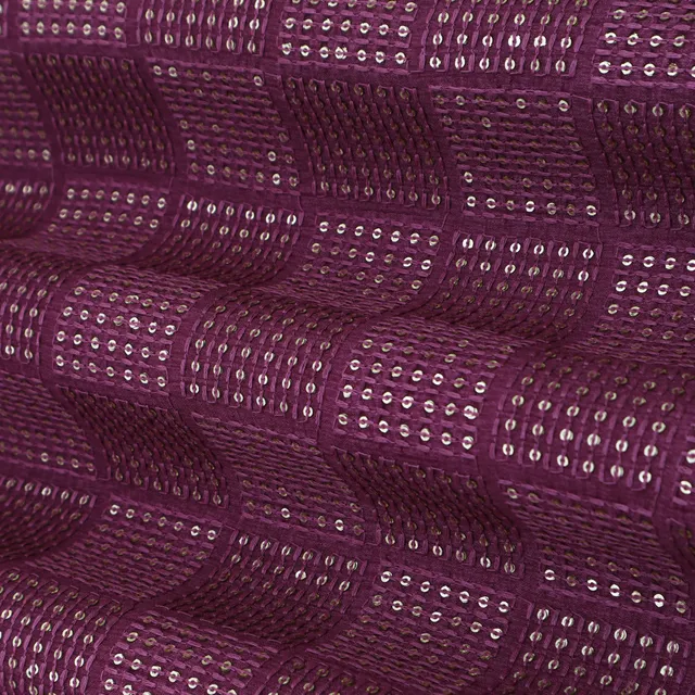 Plum Purple Threadwork Embroidery Slub Silk Fabric