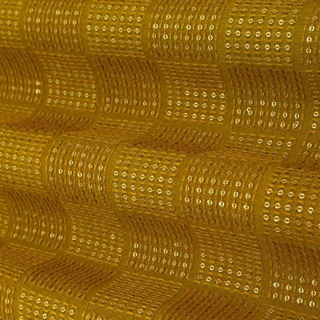 Mustard Yellow Threadwork Embroidery Slub Silk Fabric