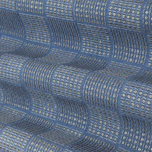 Dusty Blue Threadwork Embroidery Slub Silk Fabric