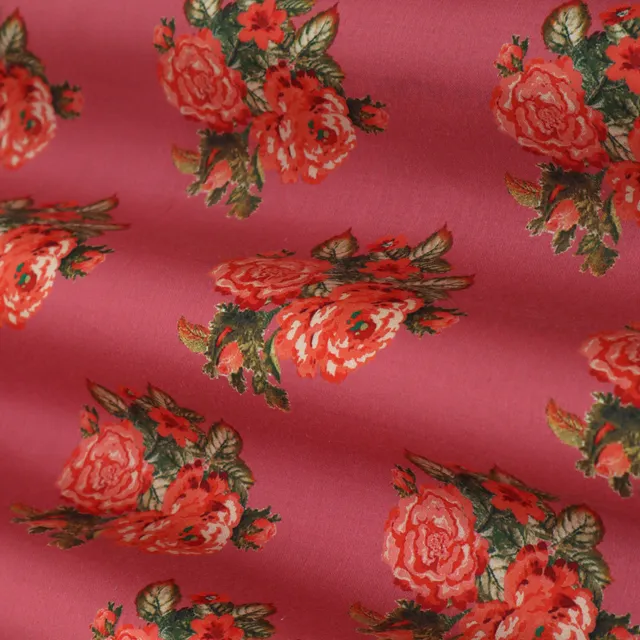 Rose Pink Motif Print Modal Satin Fabric