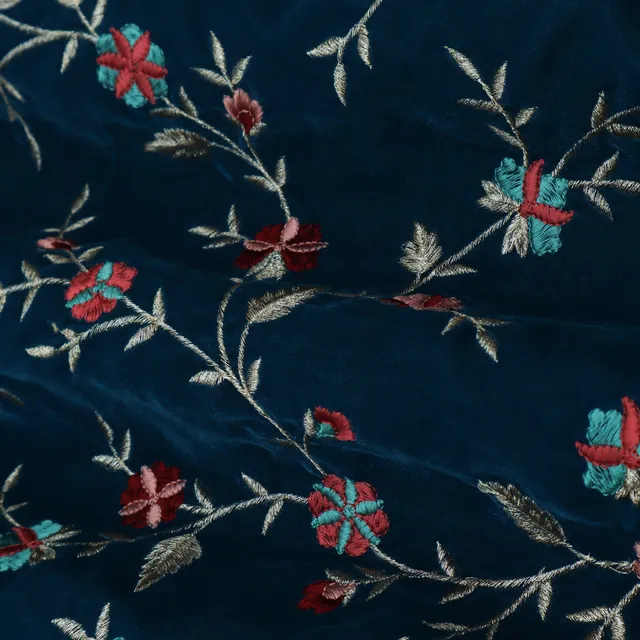Navy Blue Embroidery Velvet Fabric