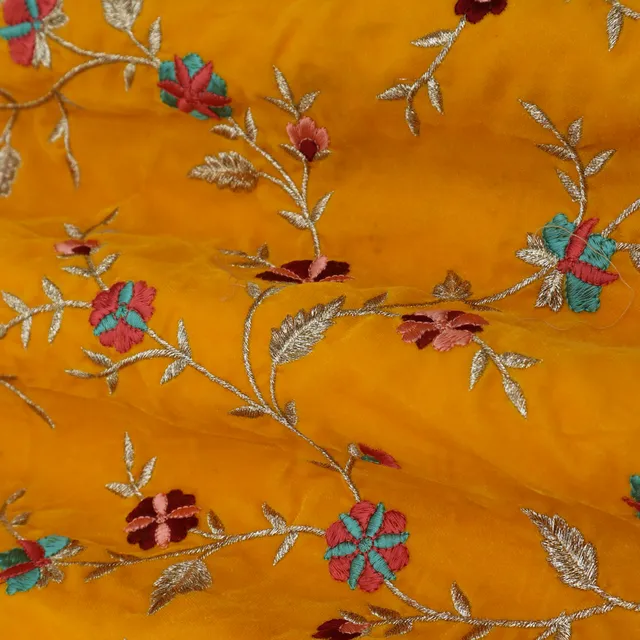 Mustard Yellow Embroidery Velvet Fabric