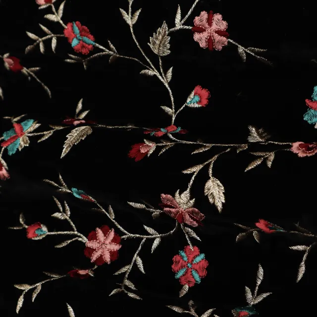 Jet Black Embroidery Velvet Fabric