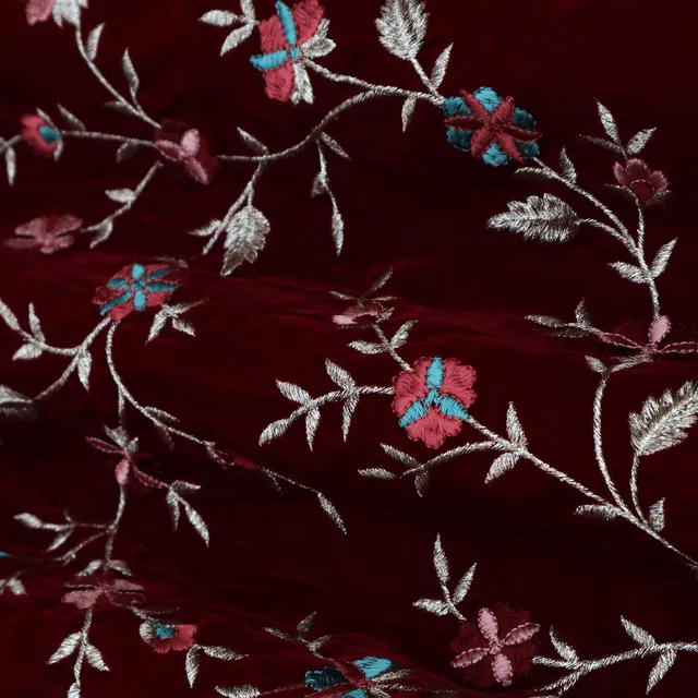 Maroon Red Embroidery Velvet Fabric