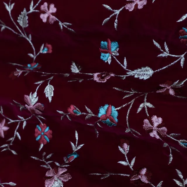 Maroon Red Embroidery Velvet Fabric