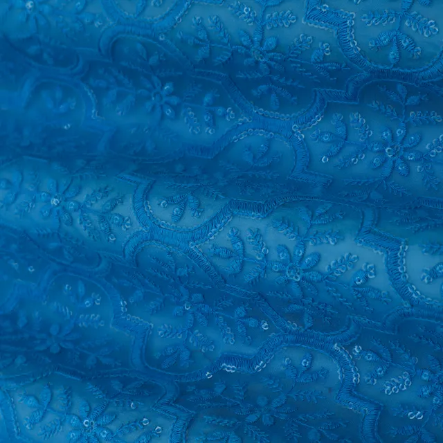 Sapphire Blue Georgette Sequins Embroidery Fabric