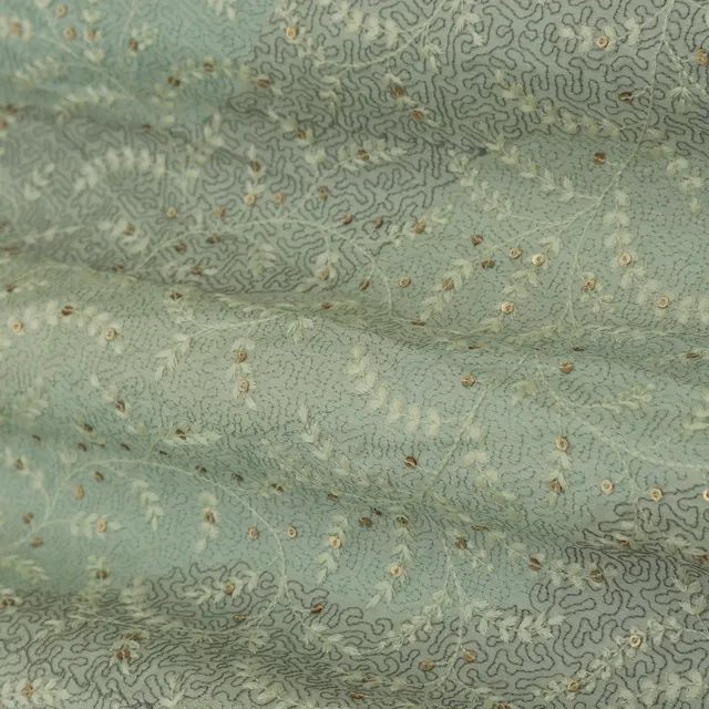 Sea Green Threadwork Embroidery Slub Silk Fabric