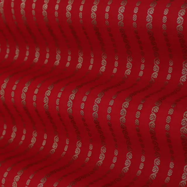 Ruby Red and Gold Zari Stripe Embroidery Silk Fabric