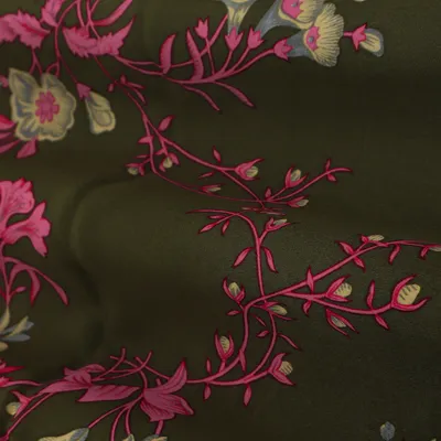 Green and Pink Floral Print Crepe Fabric