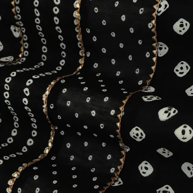 Coal Black and White Motif Print Chanderi Gota Embroidery Fabric