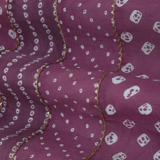 Mauve Purple and White Motif Print Chanderi Gota Embroidery Fabric