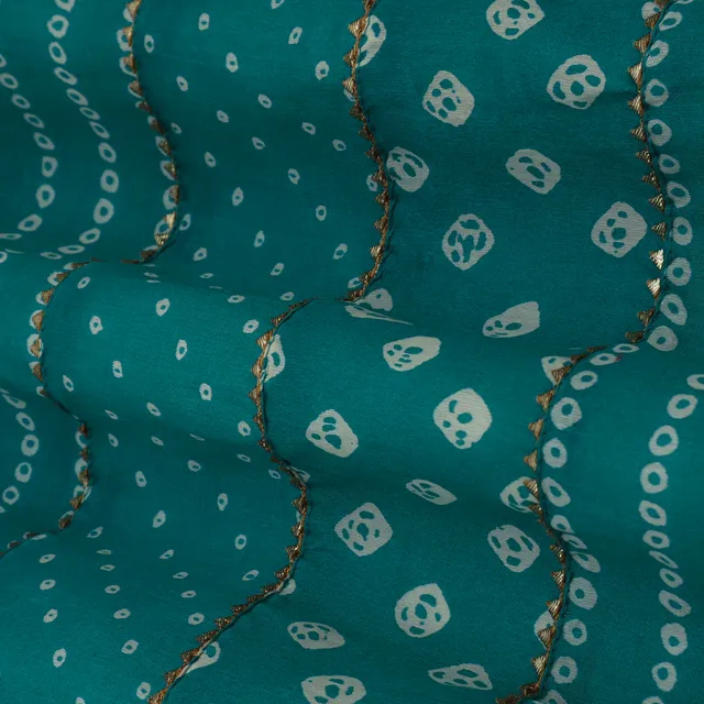 Turquoise Blue and White Motif Print Chanderi Gota Embroidery Fabric