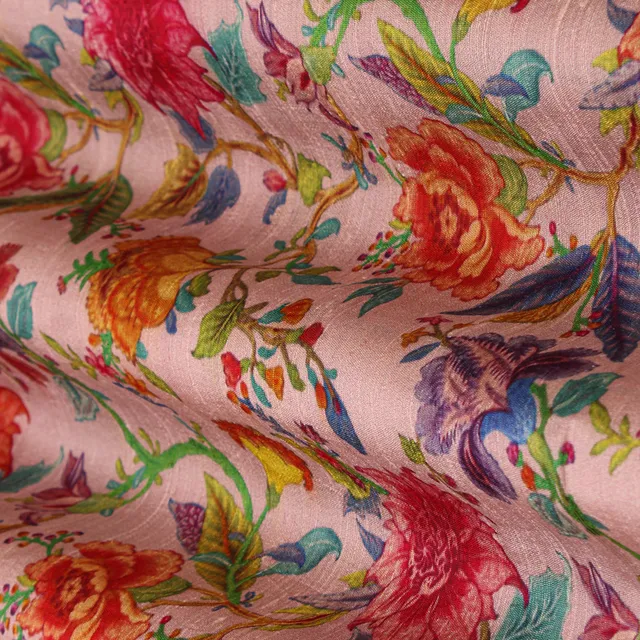 Baby Pink Floral Print Dupion Silk Fabric