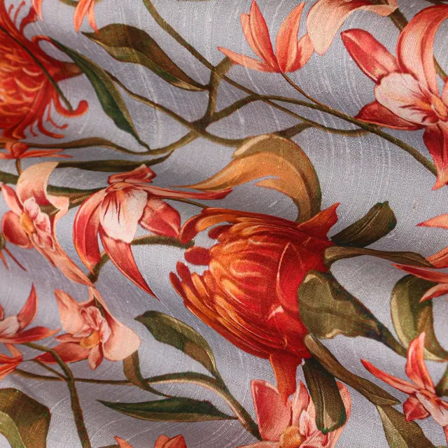 Beige Floral Print Dupion Silk Fabric