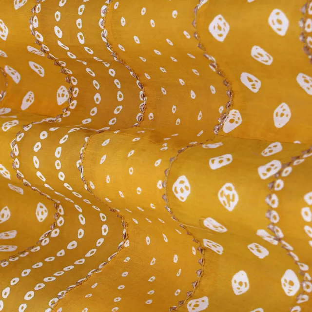 Mustard Yellow and White Motif Print Gota Embroidery Chanderi Fabric