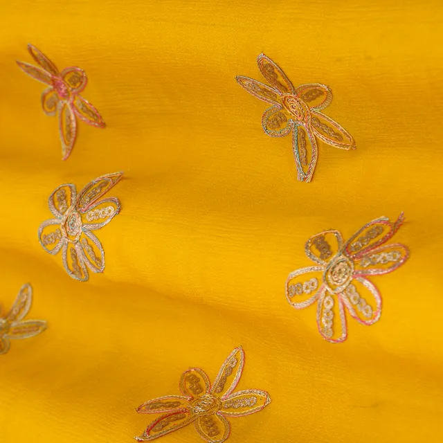 Mustard Yellow Booti Embroidery Chinon Chiffon Fabric