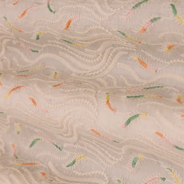 Off White Embroidery Kora Mulmul Silk Fabric