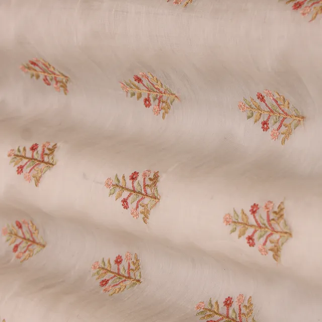 Off White Embroidery Kora Mulmul Silk Fabric
