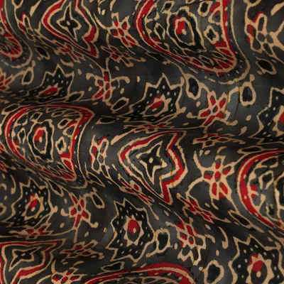 Dark Grey Multicoloured Slub Print and Zari Embroidery Chanderi Fabric