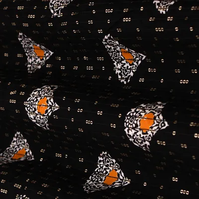 Black Multicoloured Print Sequins Embroidery Cotton Fabric