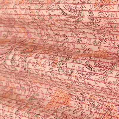 Peach Multicoloured Print Sequins Embroidery Cotton Fabric