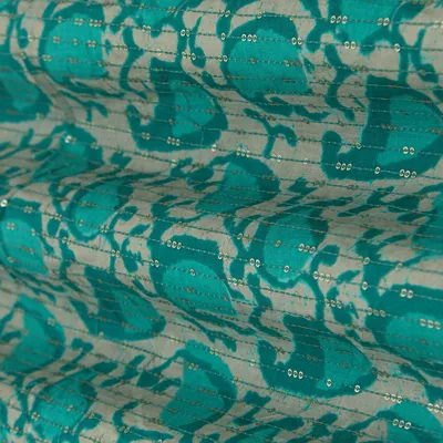Teal Blue Print Border Sequins Embroidery Cotton Fabric