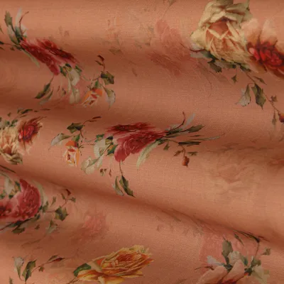 Peach Multicoloured Print Zari Embroidery Tissue Fabric
