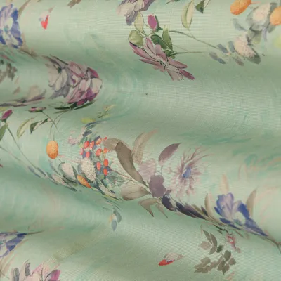 Sea Blue Multicoloured Print Zari Embroidery Tissue Fabric