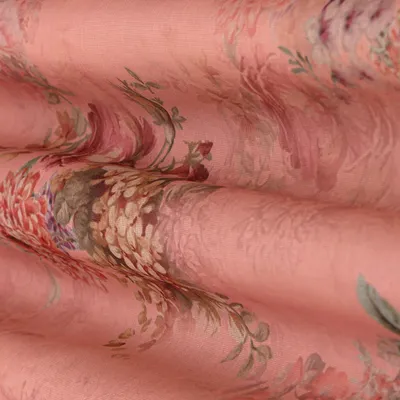 French PInk Multicoloured Print Zari Embroidery Tissue Fabric